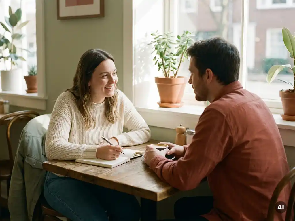 Twee mensen in gesprek aan een zonnig cafétafel, één leunend naar voren met open houding, notitieblok en koffie nearby.