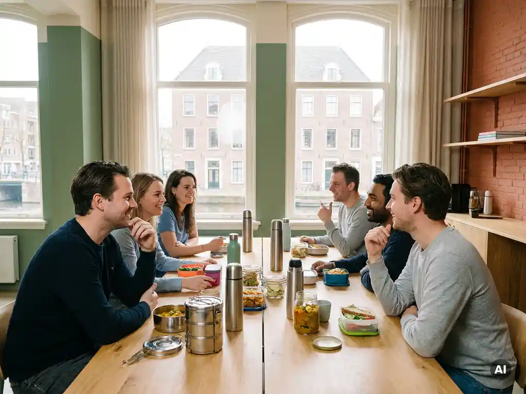 Collega's van diverse achtergronden lunchen samen aan een tafel in een licht modern Nederlands kantoor, met culturele lunchboxen en thermoskannen.