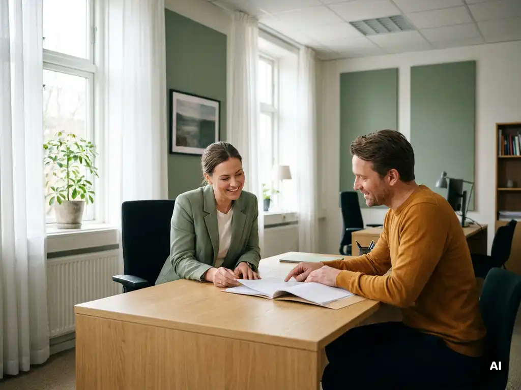 Jobcoach en cliënt bespreken documenten samen aan een houten bureau in een licht, modern kantoor.