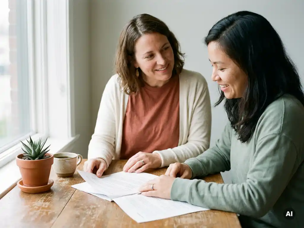Re-integratiecoach en anderstalige medewerker in gesprek aan houten tafel met gedeelde documenten, koffie en succulent in warm natuurlijk licht.