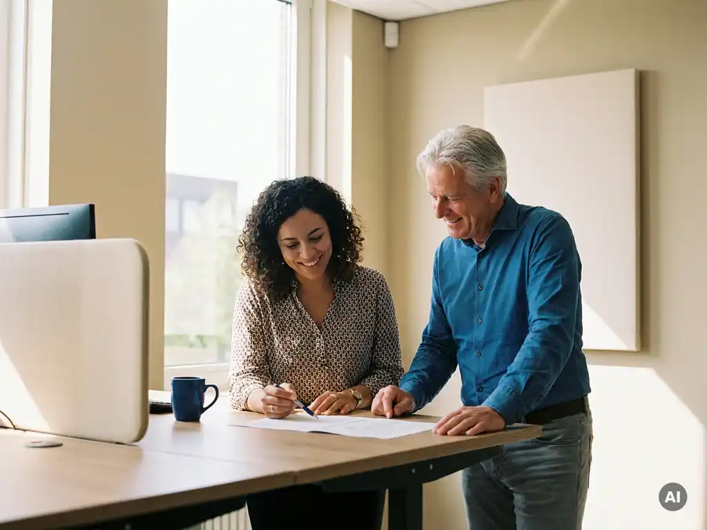 Werknemer en Nederlandse werkgever bekijken samen een document aan een bureau in een licht modern kantoor.